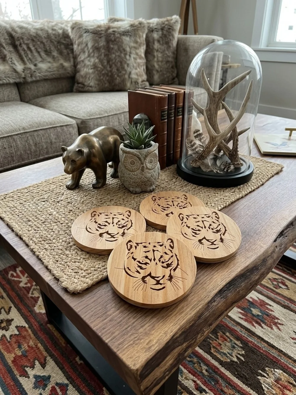 Set Of Four wooden Cougar coasters crafted Functional and decorative barware